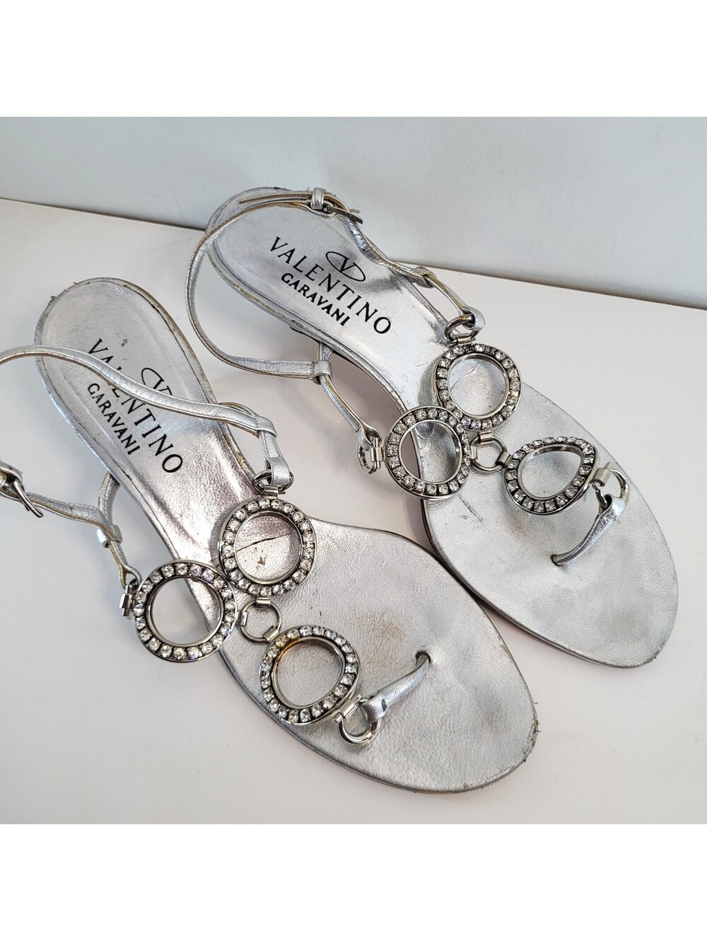 Valentino Garavani Women’s US 7.5 EU 37.5 Silver Crystal Chain Heel Sandals